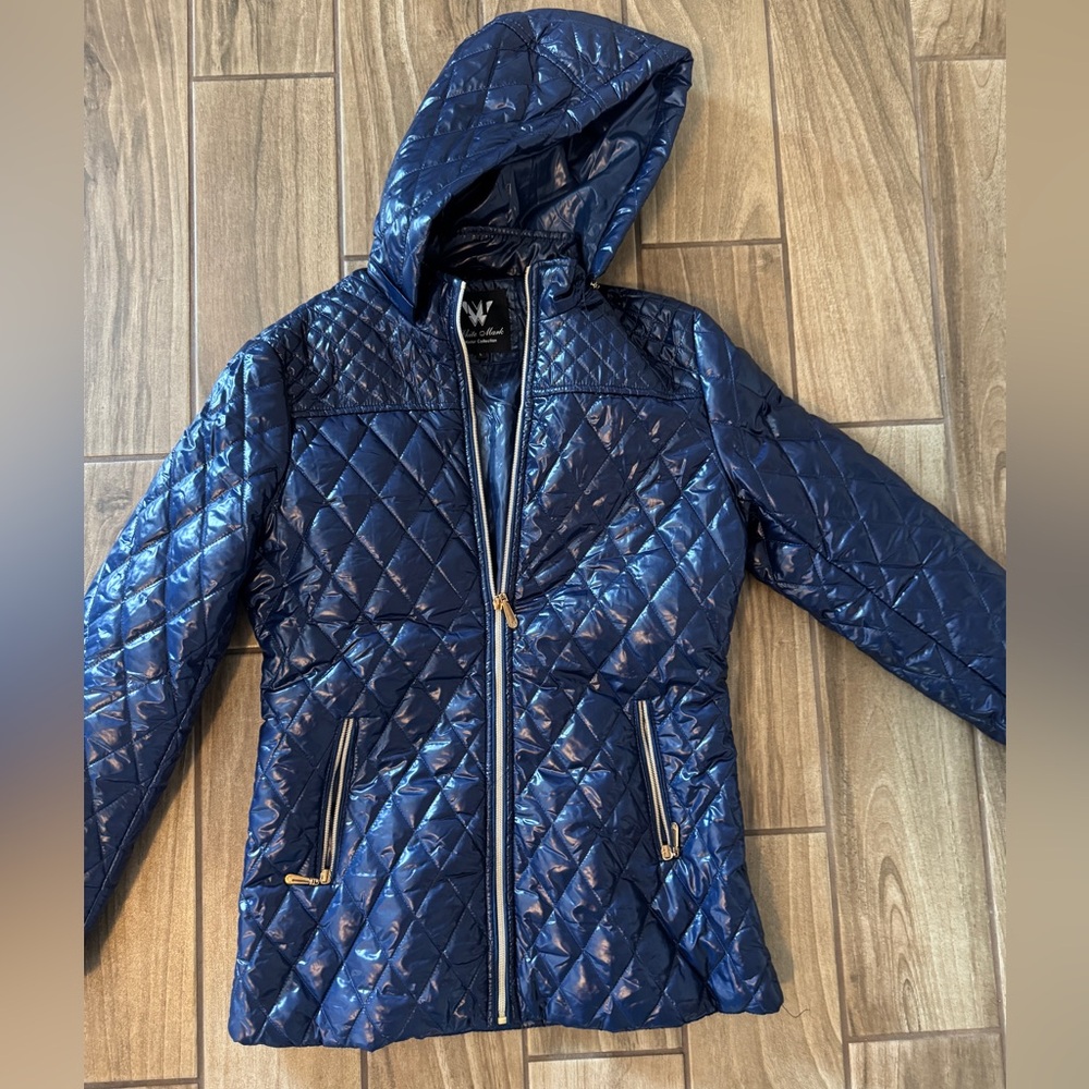 White Mark Shiny Navy Quilted Jacket